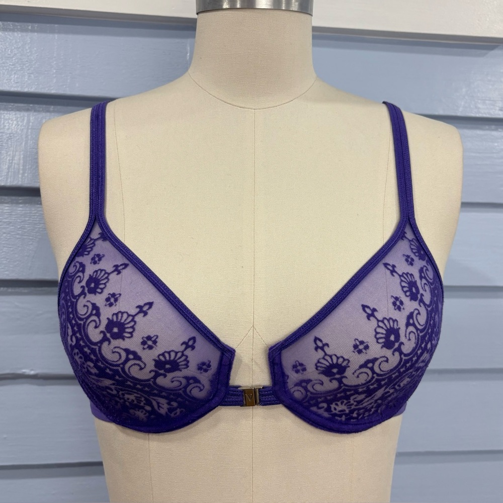 Vintage Y2K Victoria’s Secret Burnout Velvet Purple Front Hook Bra - Picture 1 of 5
